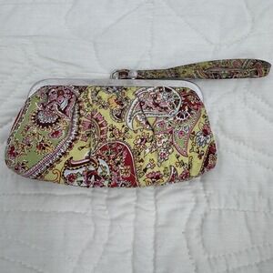 Vera Bradley Wristlet Clutch Womens Green Pink Paisley Silk Framed Kiss Lock Vtg